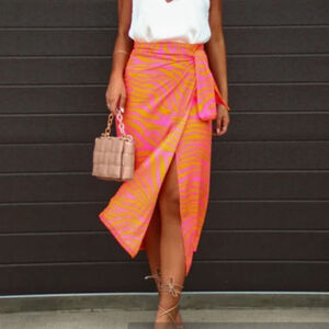 Women's Tyche Orange Pink Zebra Print Wrap Midi Skirt XL Animal resort wear